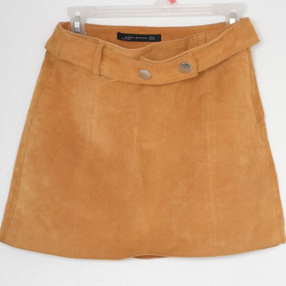 ZARA Women Mustard Suede Leather Belted Mini Skirt - Picture 5 of 6
